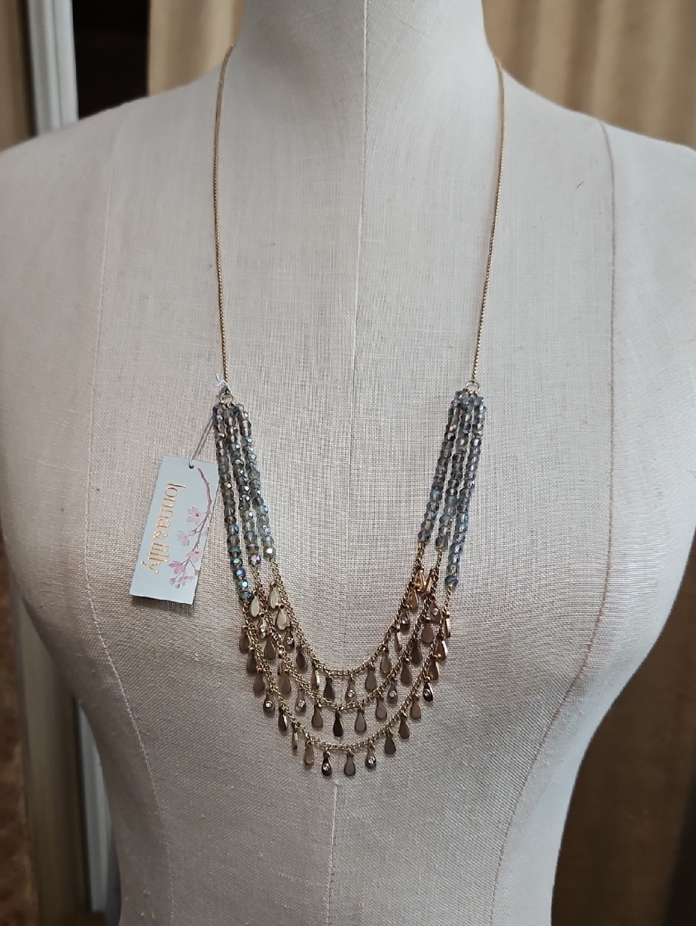 lonna & lilly Gold-Tone Necklace with Grayish Blue Beads And Gold Teardrops